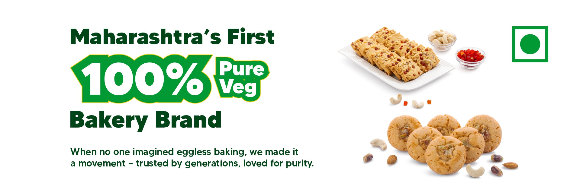 Advertisement for a bakery brand in Maharashtra, highlighting their 100% pure vegetarian products.