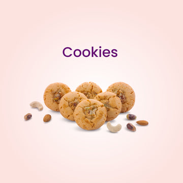 Cookies with nuts on a light pink background, labeled 'Cookies'.